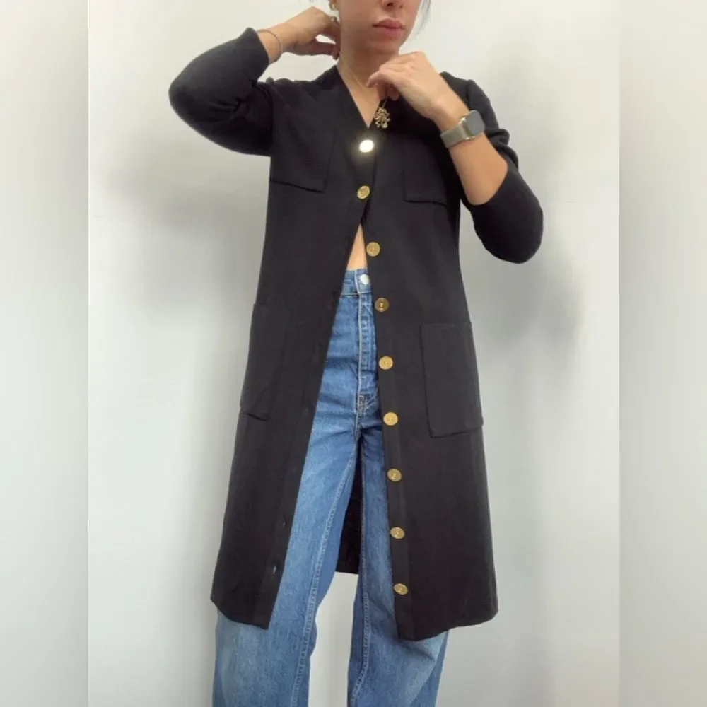 YSL Vintage Black Wool Cardigan Dress 3/4 Sleeve Large Gold Buttons Size M - Picture 2 of 14